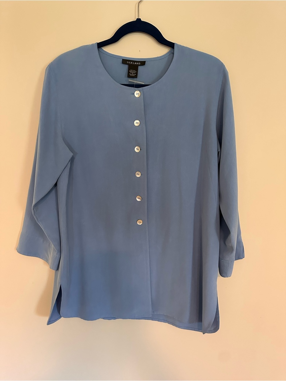 SilkLand French Blue Round-Neck Button-Front Tunic Blouse